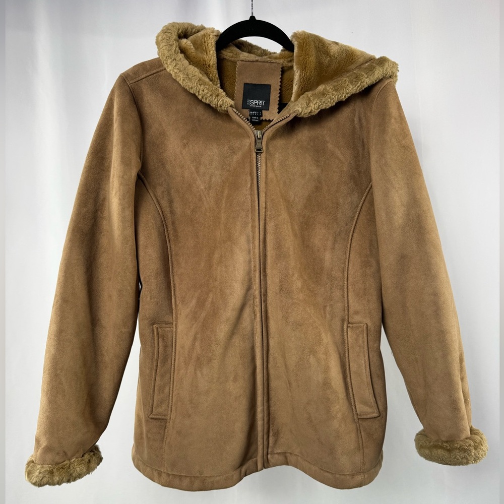Esprit Faux Suede Hooded‎ Jacket in Brown Size Medium